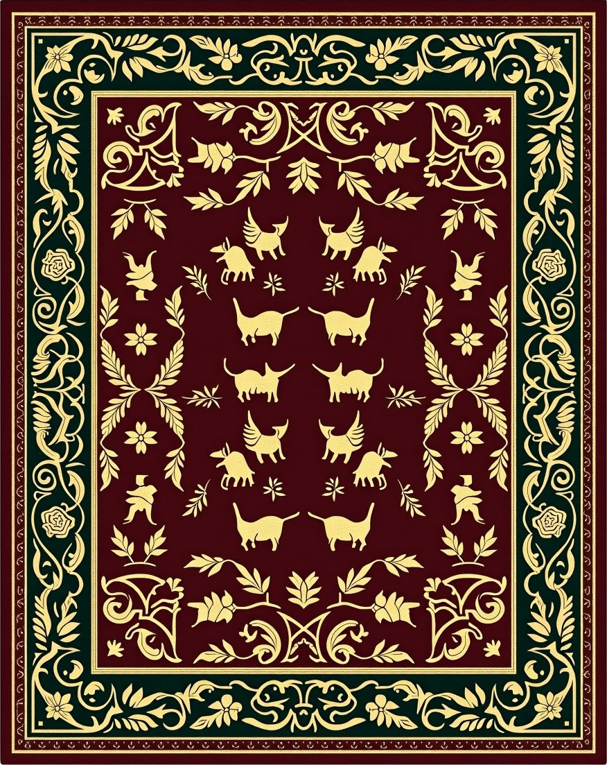 Rich Burgundy Golden Animal Border Rug