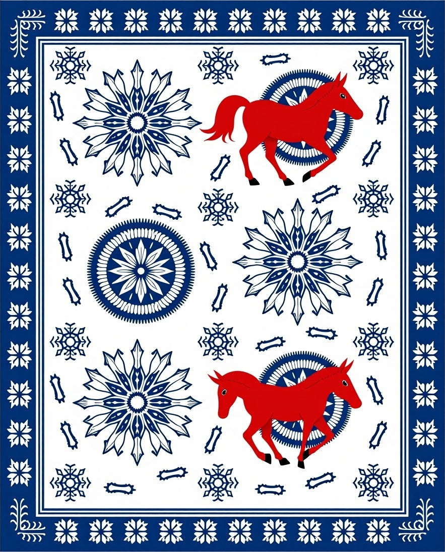 Red Horses And Blue Snowflakes Rug
