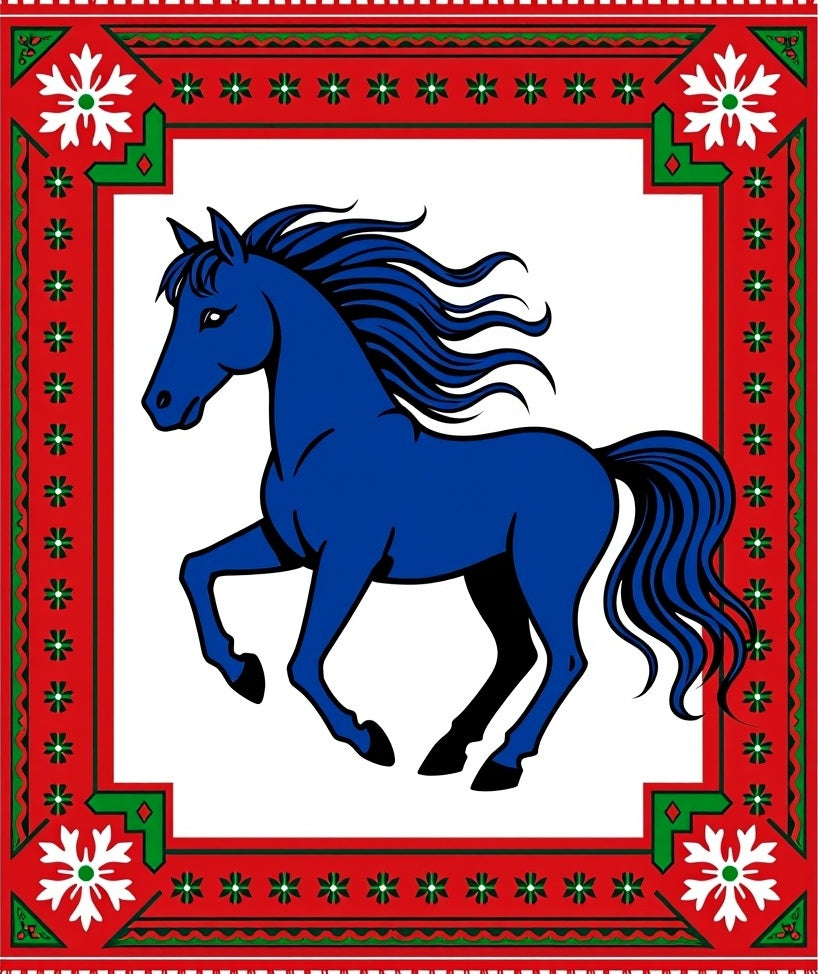 Bold Blue Horse Red Green Border Rug