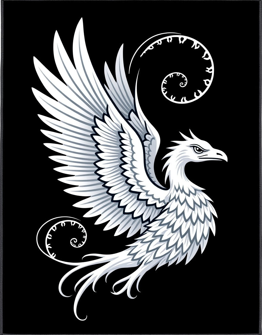 Tribal White Phoenix Swooping Spiral Rug