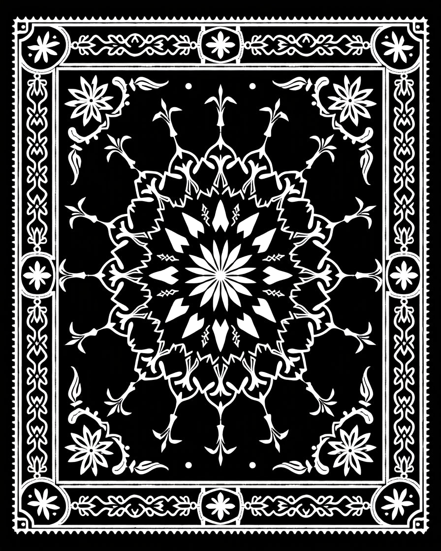 Black White Mandala Floral Border Rug