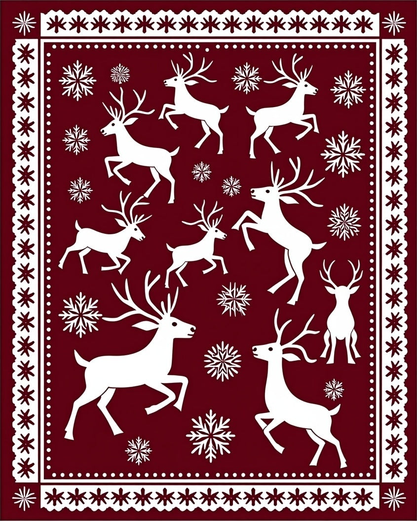 Crimson Deer Snowflake Winter Border Rug