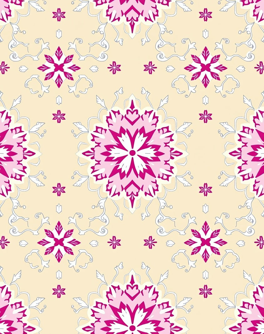 Crimson Pink Floral Medallion Cream Rug