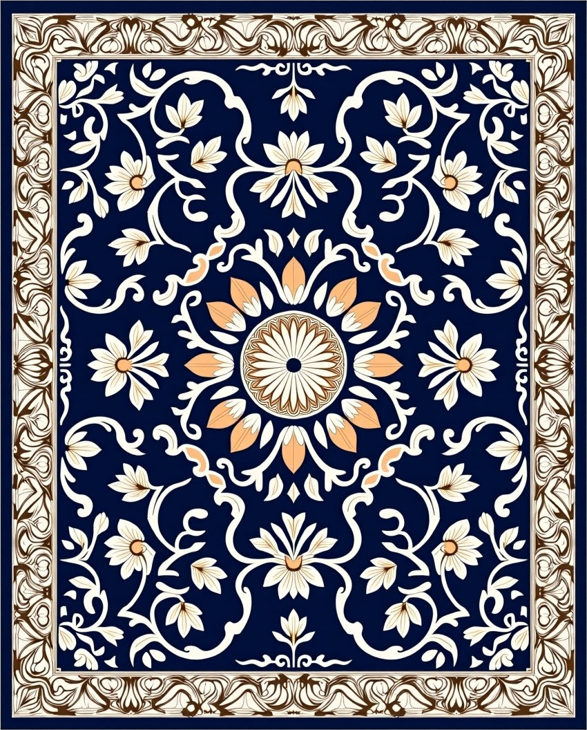 Classic Navy Floral Medallion Border Rug