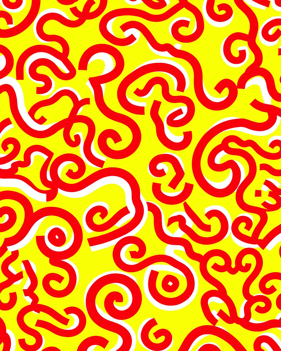 Bold Red Swirls on Bright Yellow Rug
