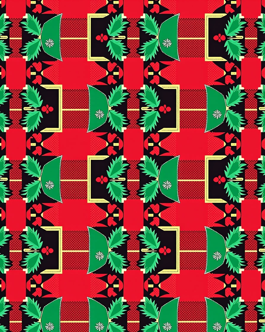 Vibrant Red Black Green Geometric Foliage Rug