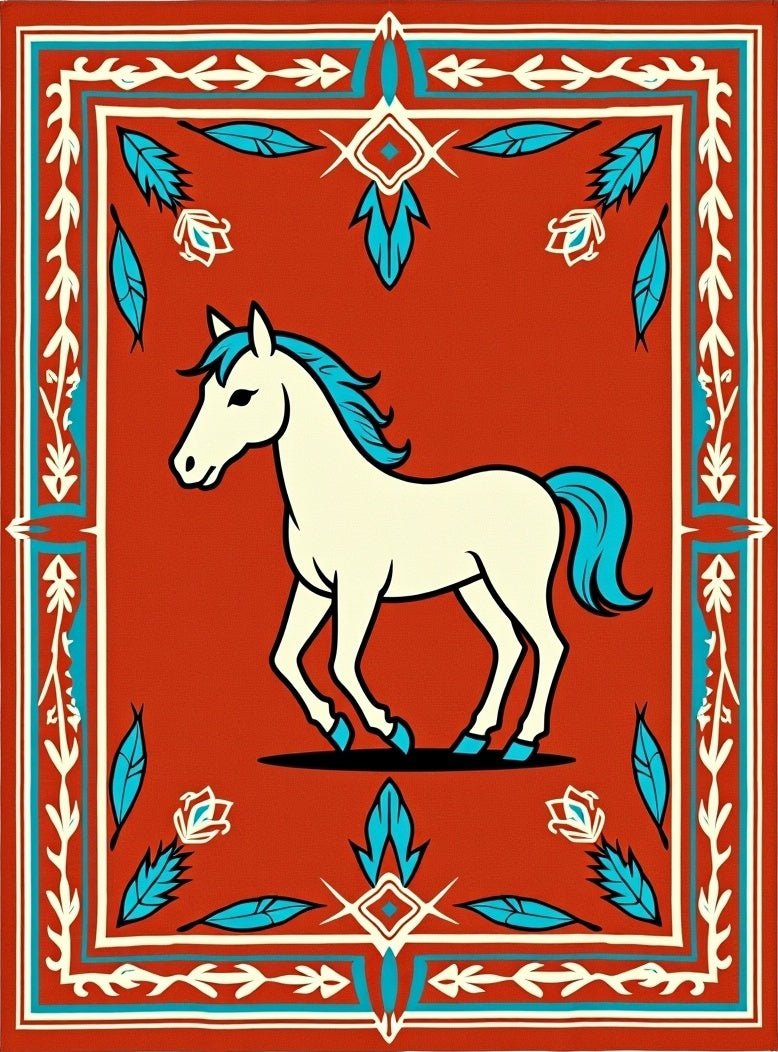 Cream Horse Crimson Teal Border Rug