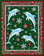 Festive Blue Dolphins Snowflakes Ornaments Border Rug