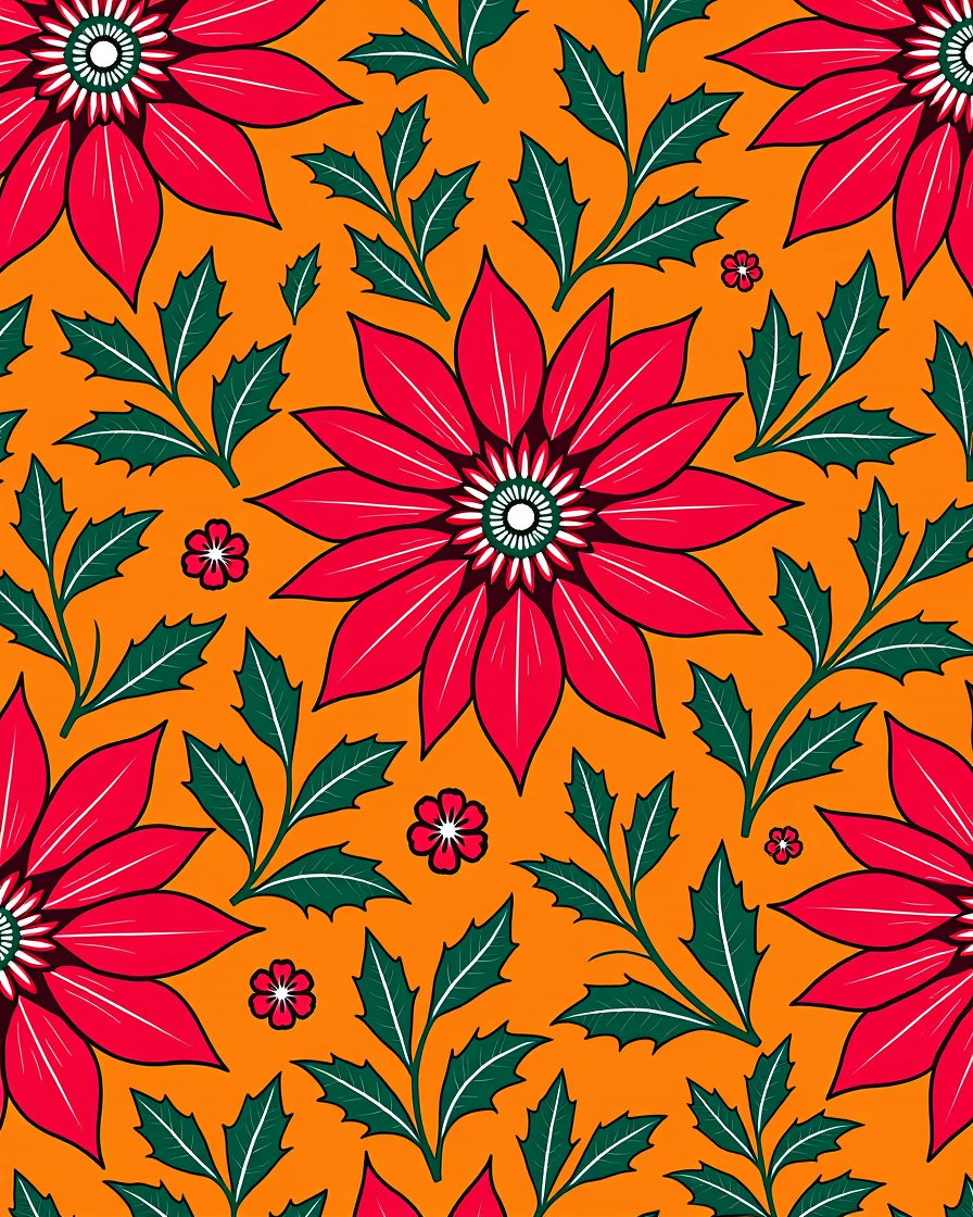 Crimson Red Festive Poinsettia Floral Orange Rug