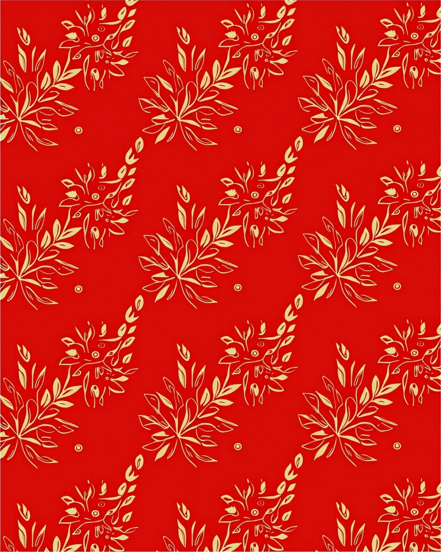 Crimson Red Golden Floral Branch Arrangement Rug