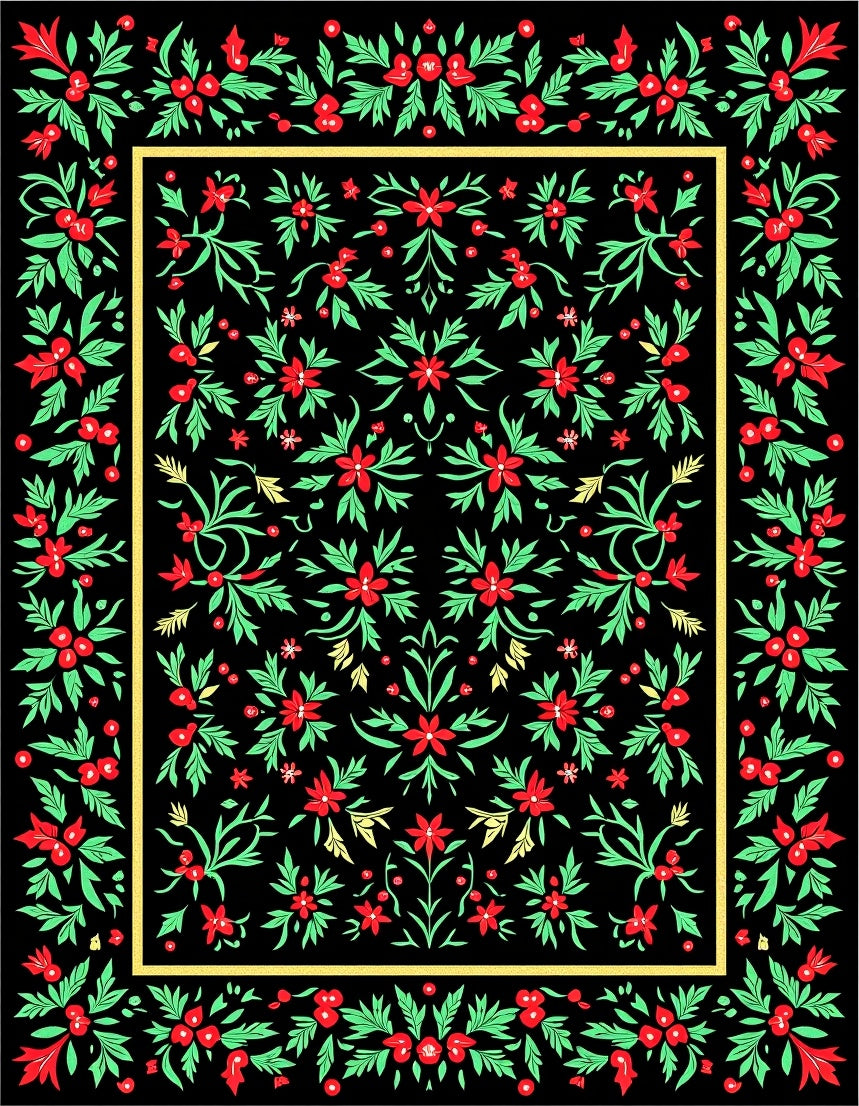 Crimson Floral Garden Black Rug