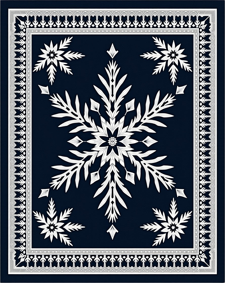 Navy White Snowflake Floral Border Rug