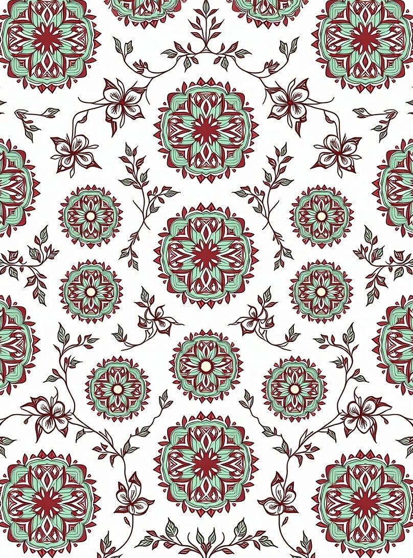 Crimson Mint Mandala Garden Tile Rug