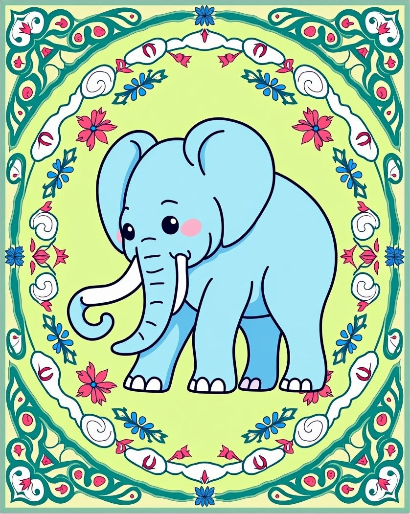 Light Blue Elephant Floral Medallion Rug