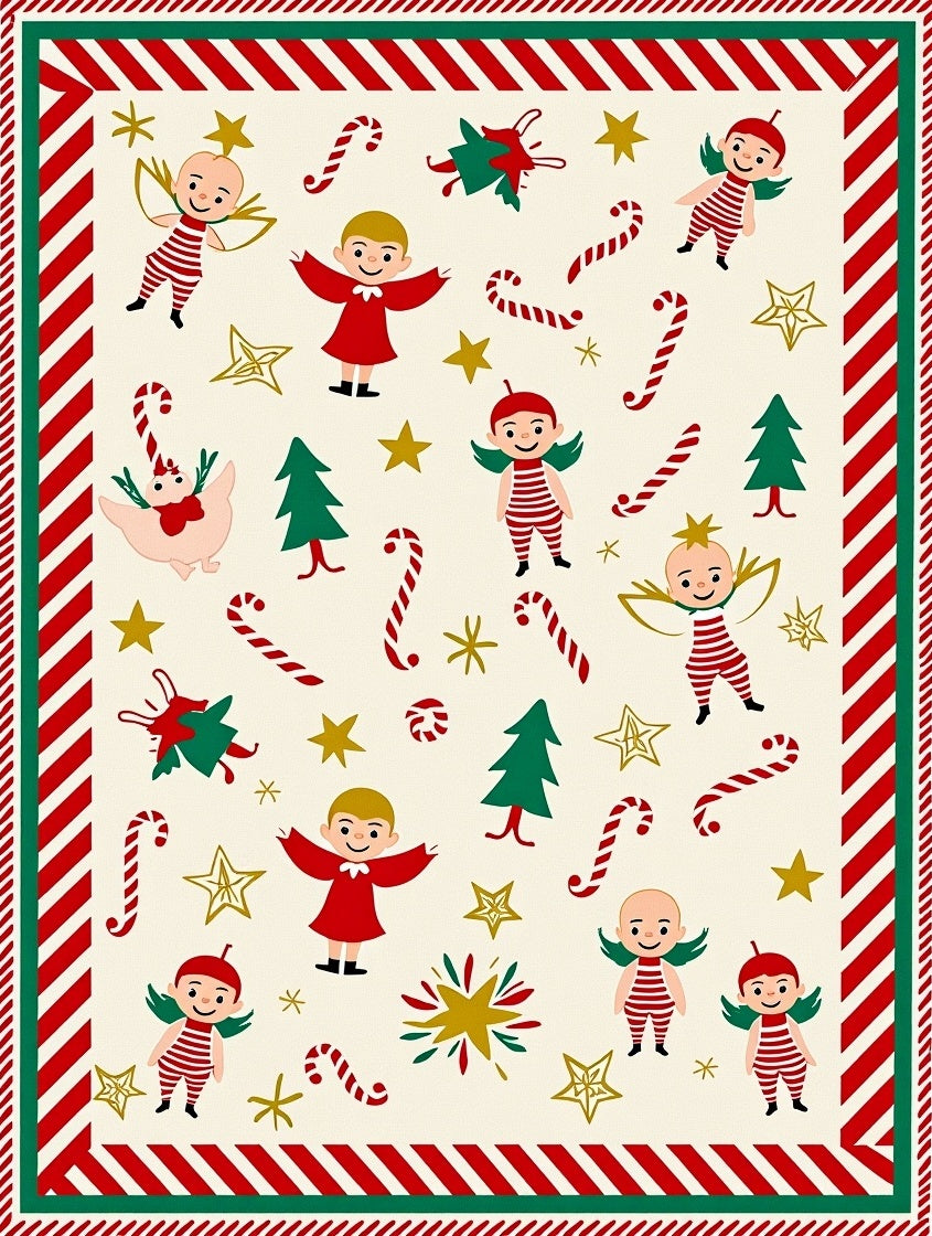 Festive Christmas Angels Candy Canes Stars Rug