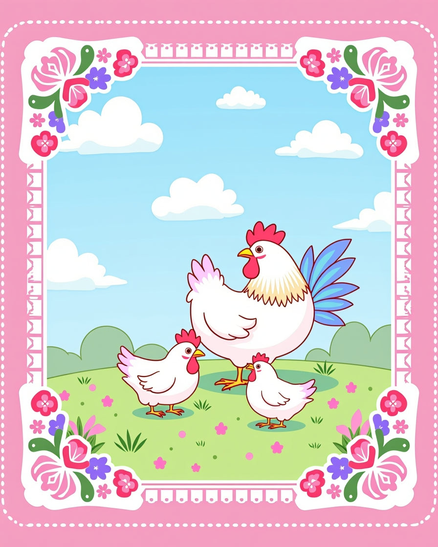 Farmyard Chickens Meadow Floral Border Rug