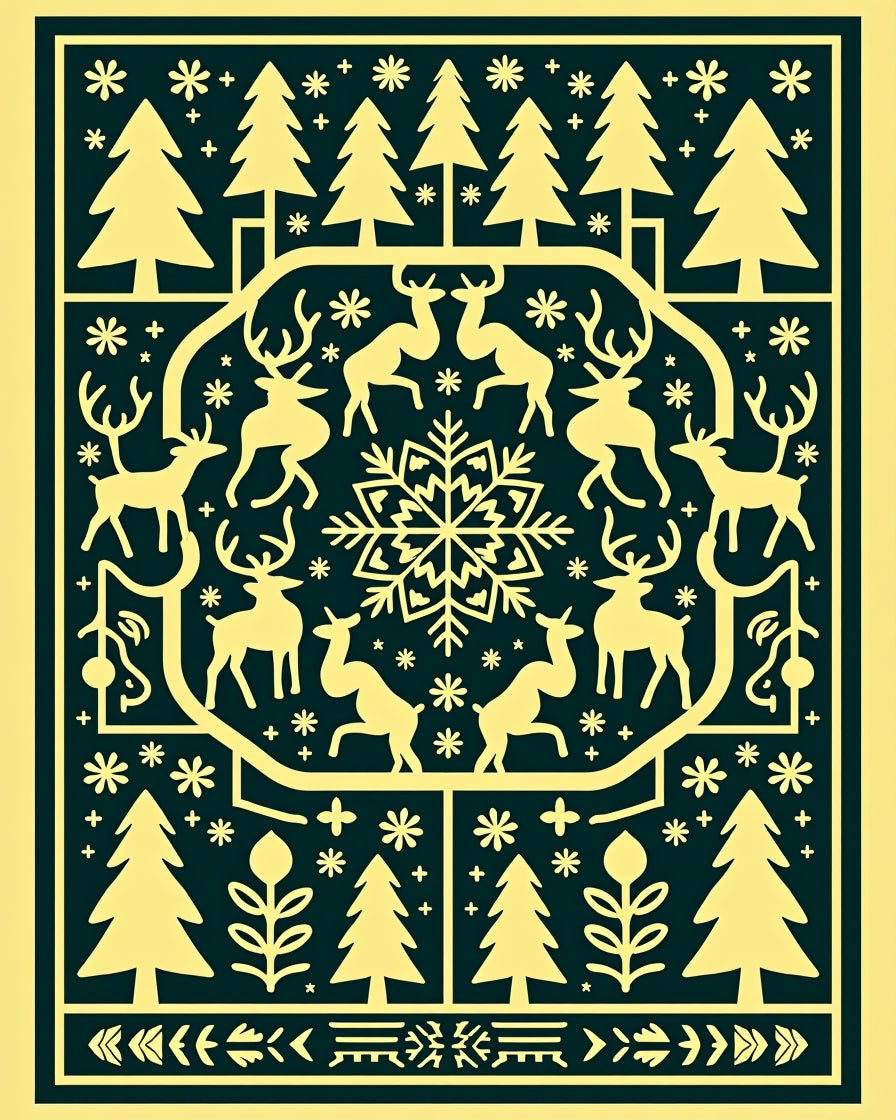 Festive Yellow Reindeer Snowflake Forest Rug