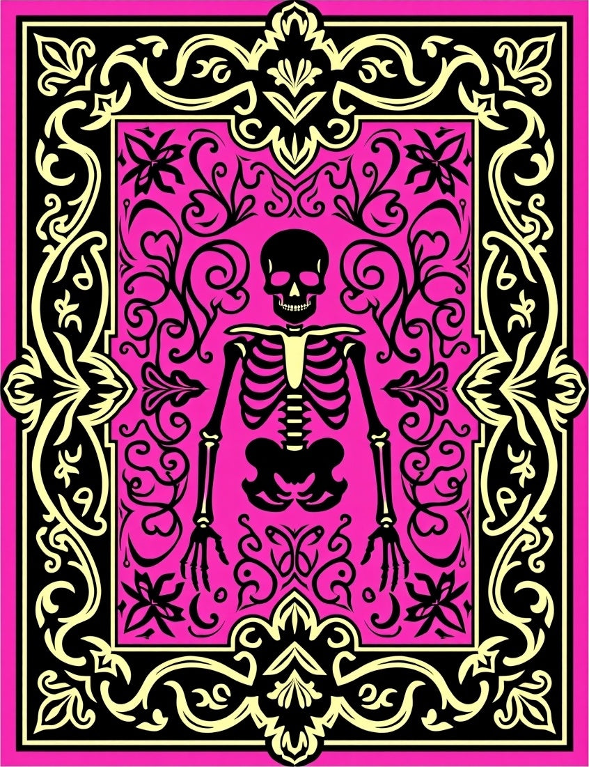 Pink Black Skeleton Floral Ornate Rug