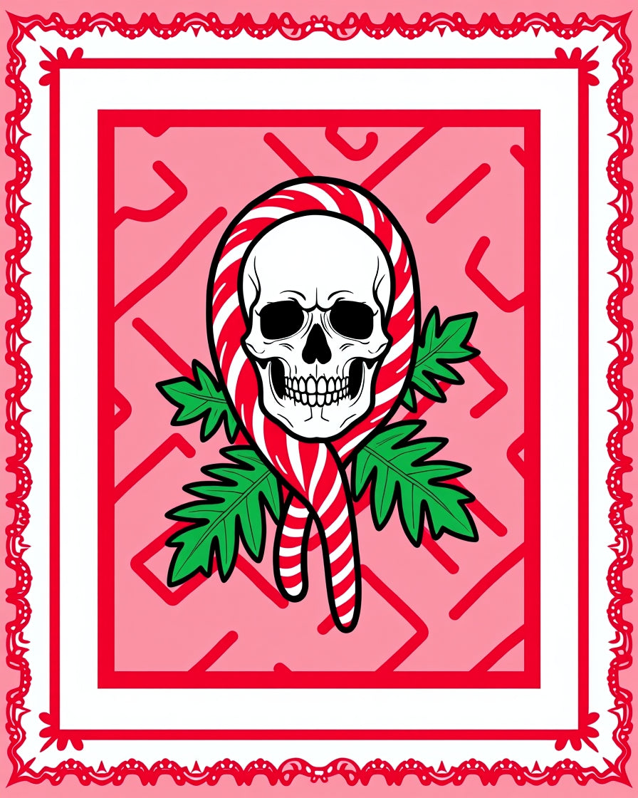 Sweet Skull Candy Cane Holly Red Rug