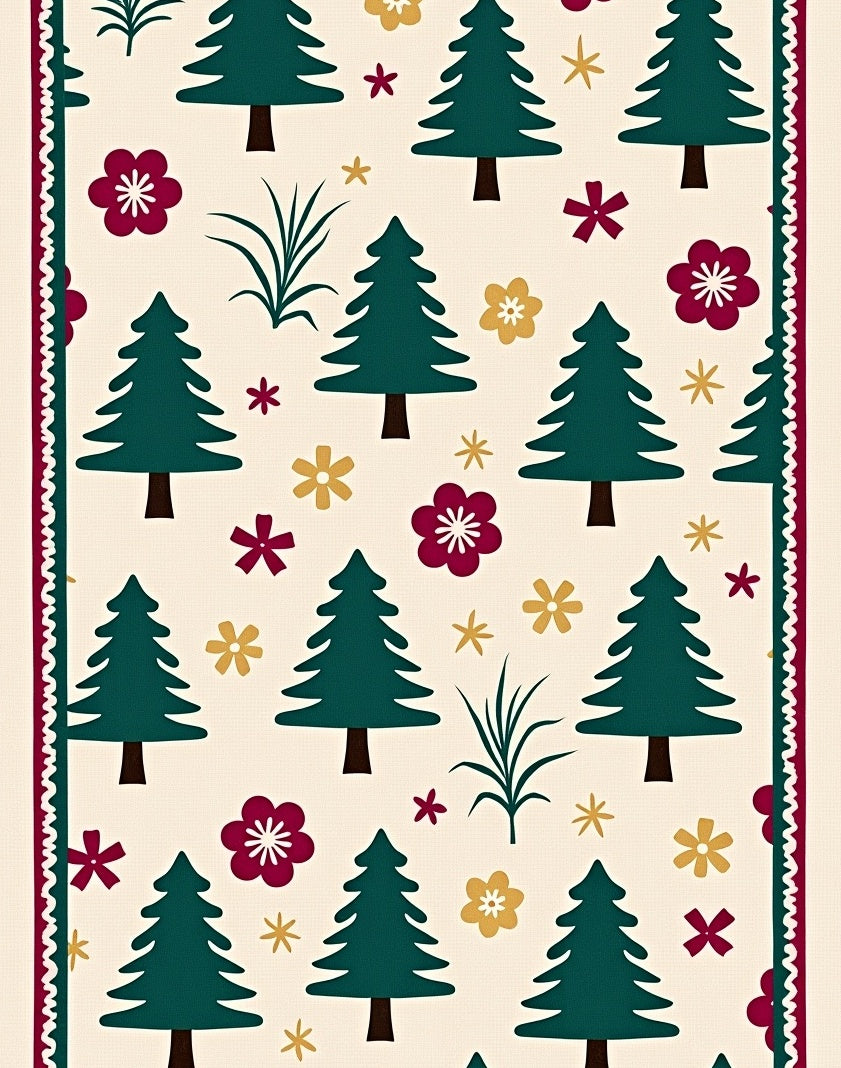 Green Pine Trees Burgundy Flower Print Rug