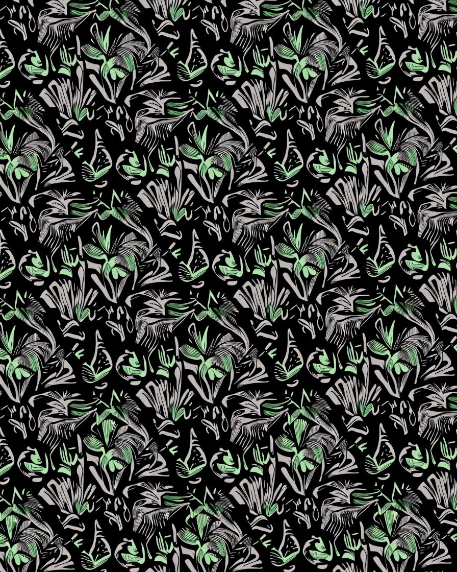 Botanical Sketch Black Green Floral Collage Rug