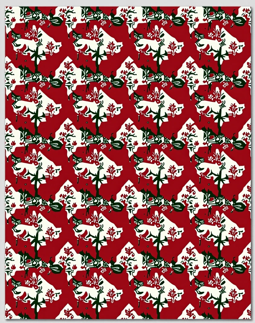 Red Cream Green Folk Animal Tree Rug