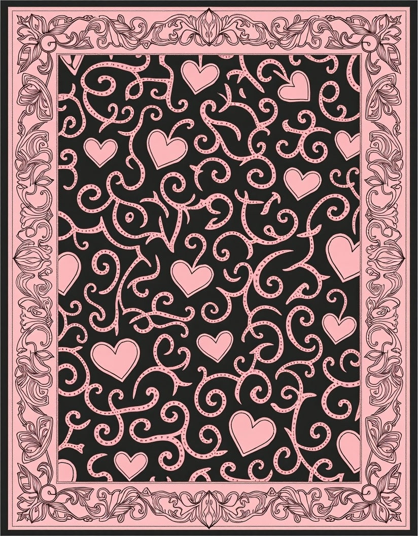 Pink Hearts Black Swirl Border Rug