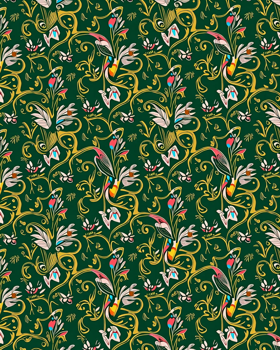Emerald Green Tropical Bird Floral Swirls Rug