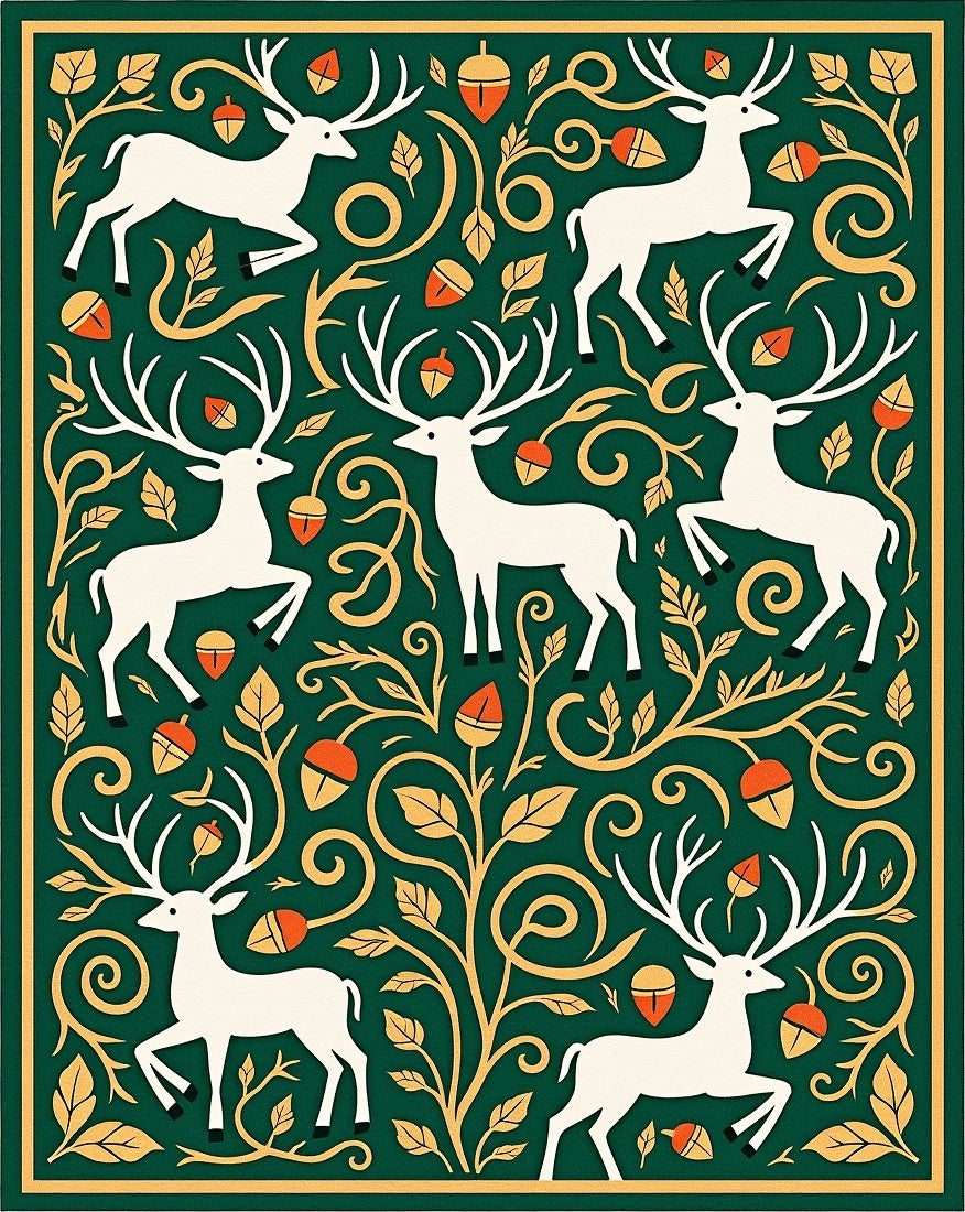 White Deer Forest Gold Acorn Swirl Rug