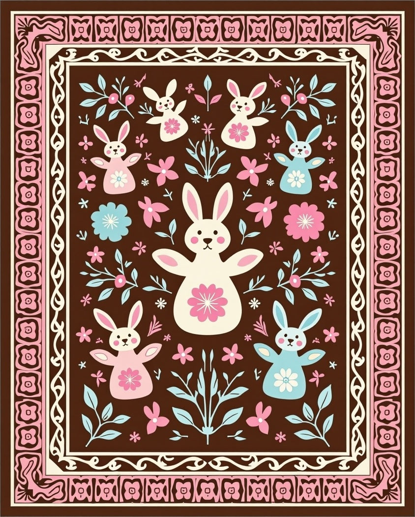 Brown Whimsical Bunny Floral Border Rug