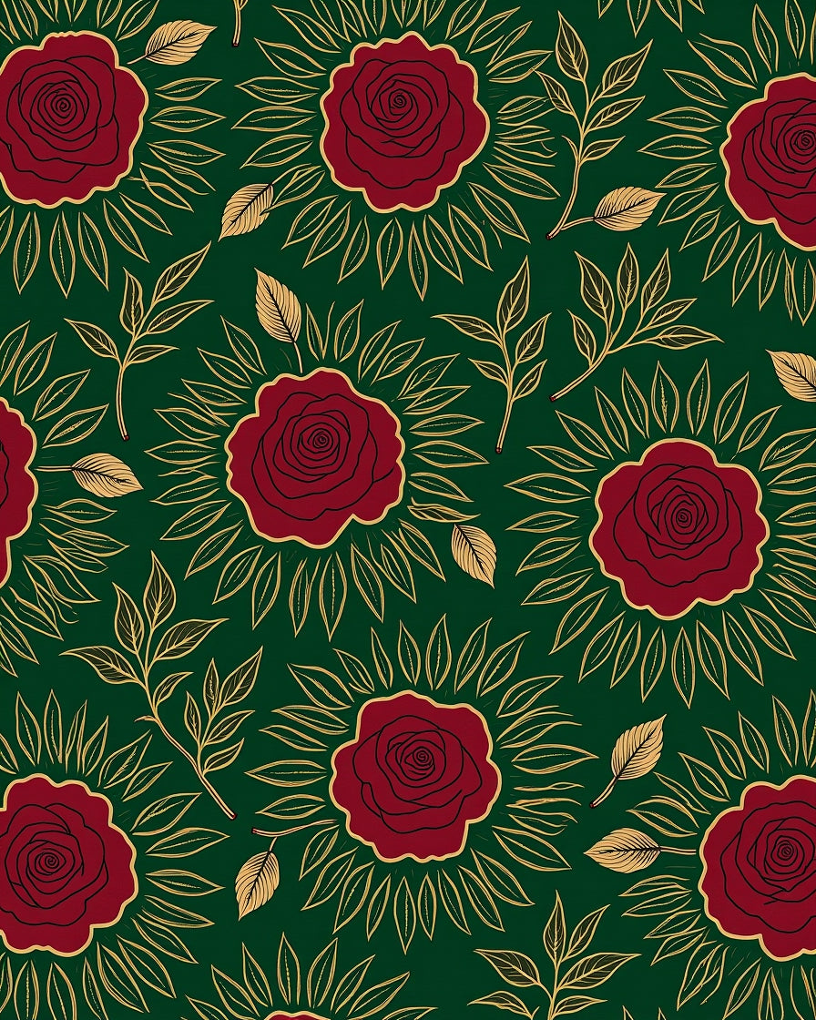 Deep Emerald Red Golden Rose Garden Rug