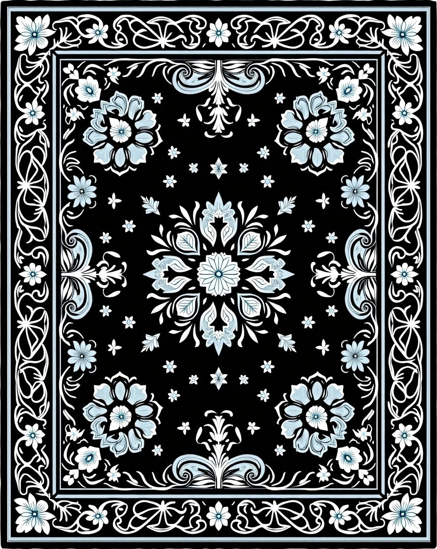 Black White Blue Floral Medallion Border Rug