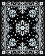Black White Blue Floral Medallion Border Rug