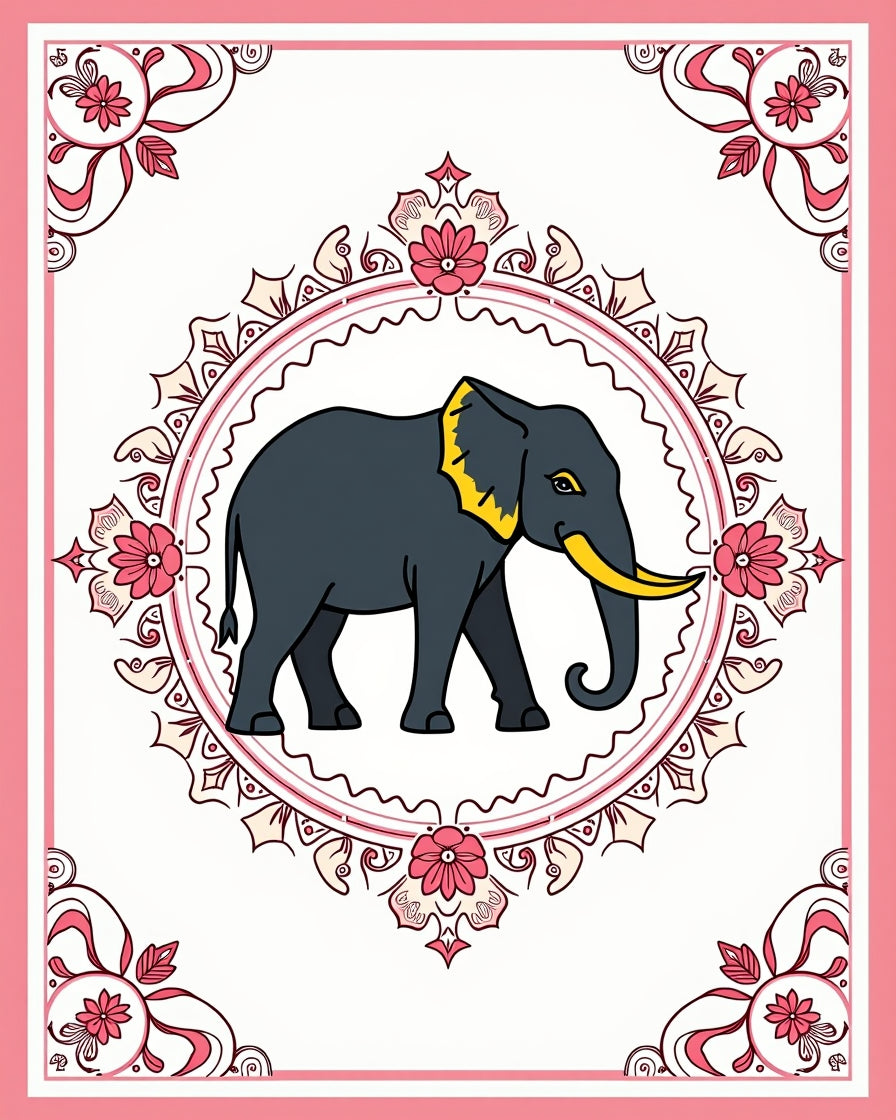Pink Elephant Medallion Floral Border Rug