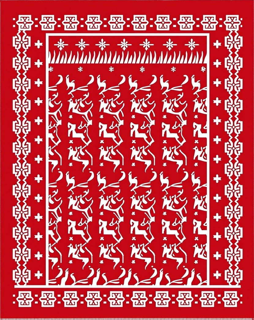 Red White Reindeer Festive Border Rug