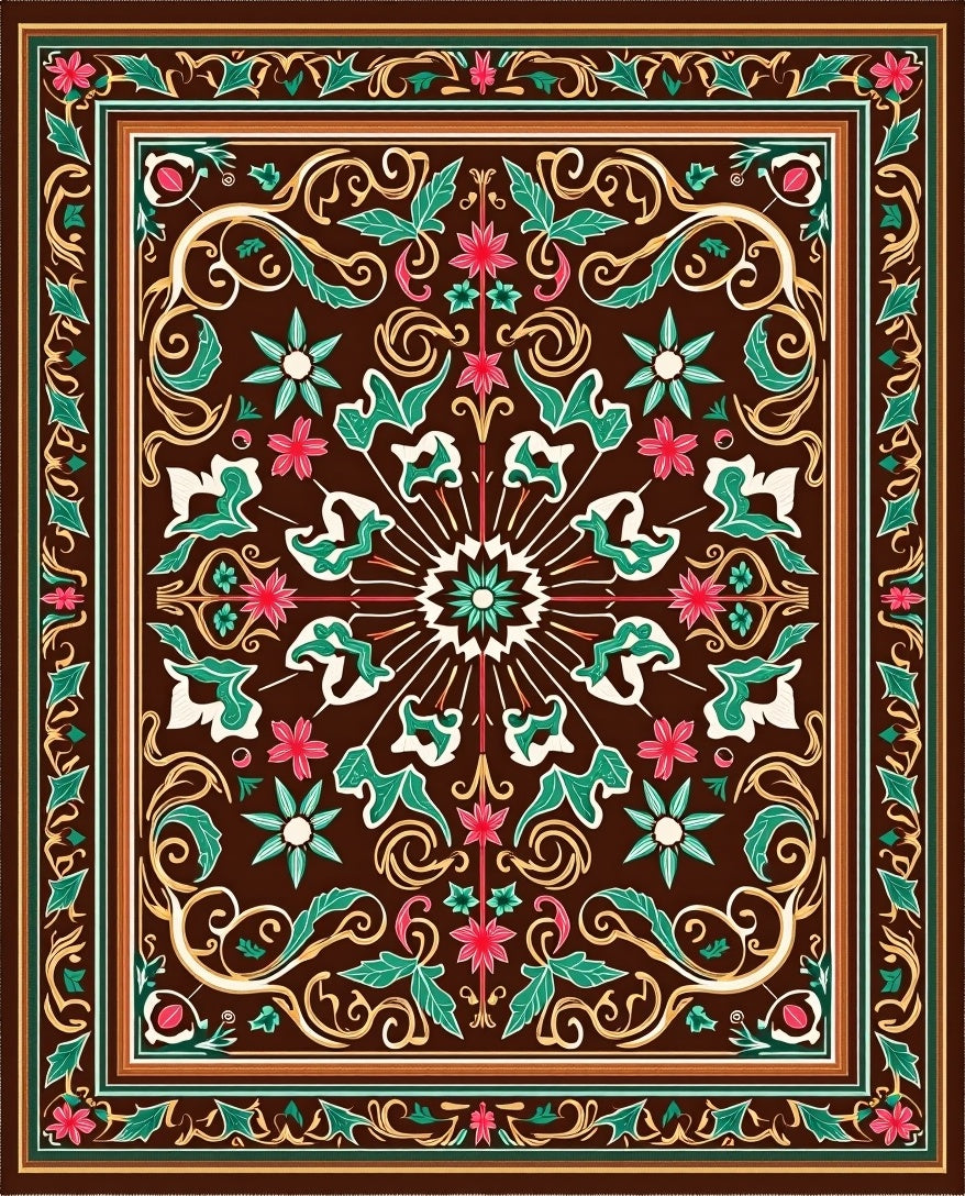 Rich Brown Floral Medallion Border Rug