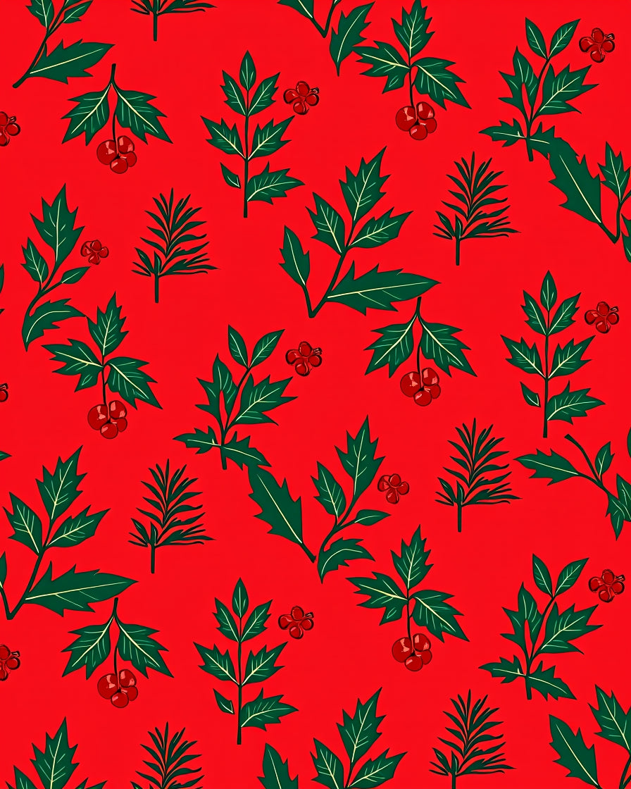 Red Green Festive Holly Berry Sprigs Rug