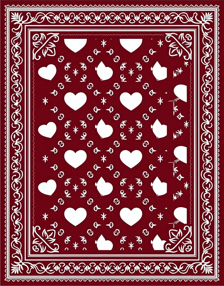 Deep Red White Heart Border Rug