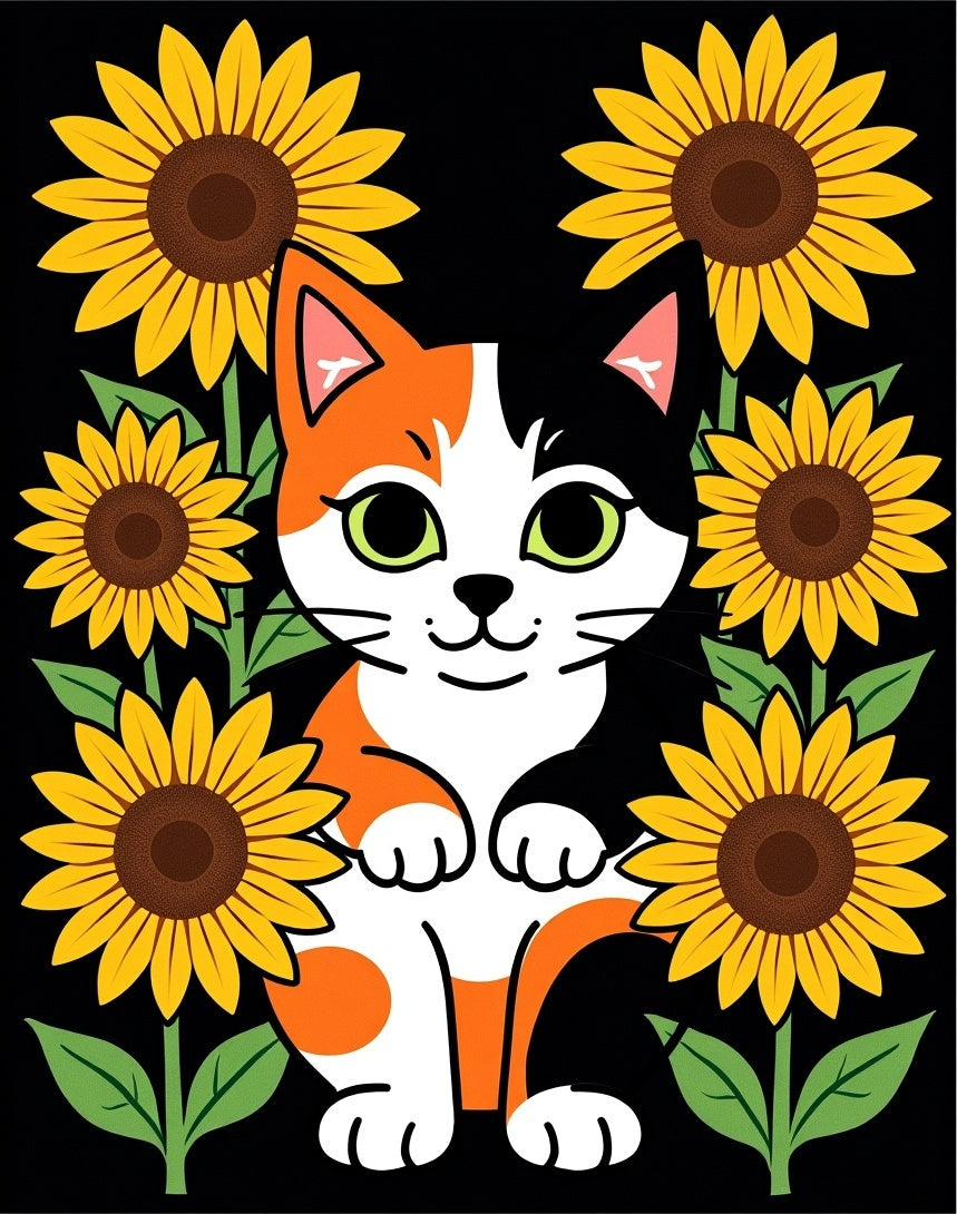 Cute Calico Cat Sunflower Garden Rug