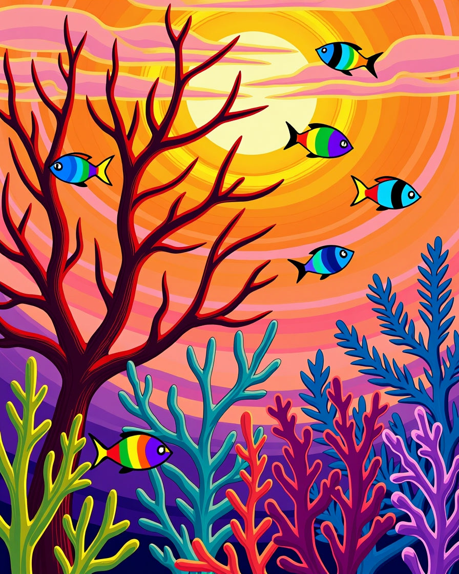 Vibrant Rainbow Fish Coral Sunset Rug