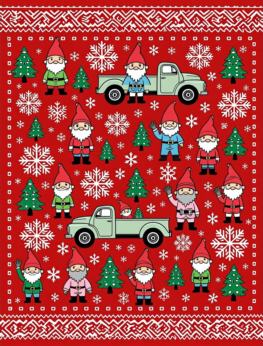 Christmas Red Gnome Truck Snowflake Trees Rug