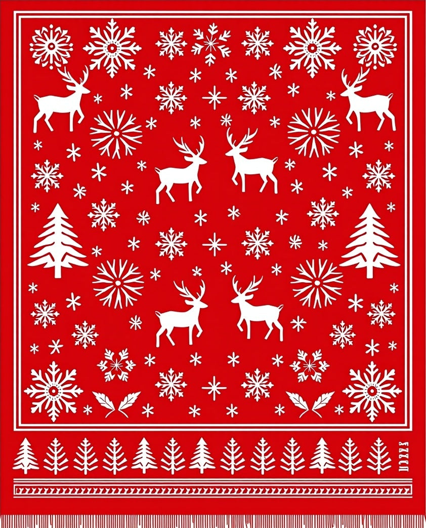 Vibrant Red Reindeer Snowflake Trees Rug