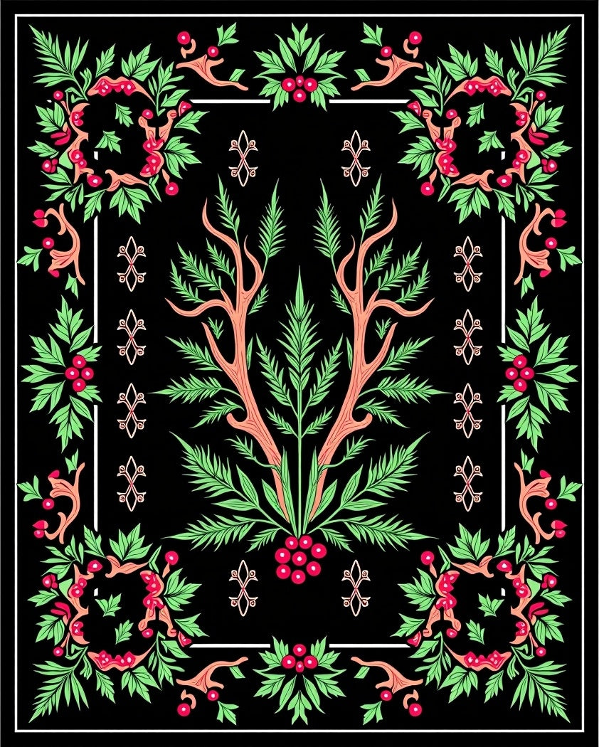 Vibrant Green Berry Garden Medallion Rug