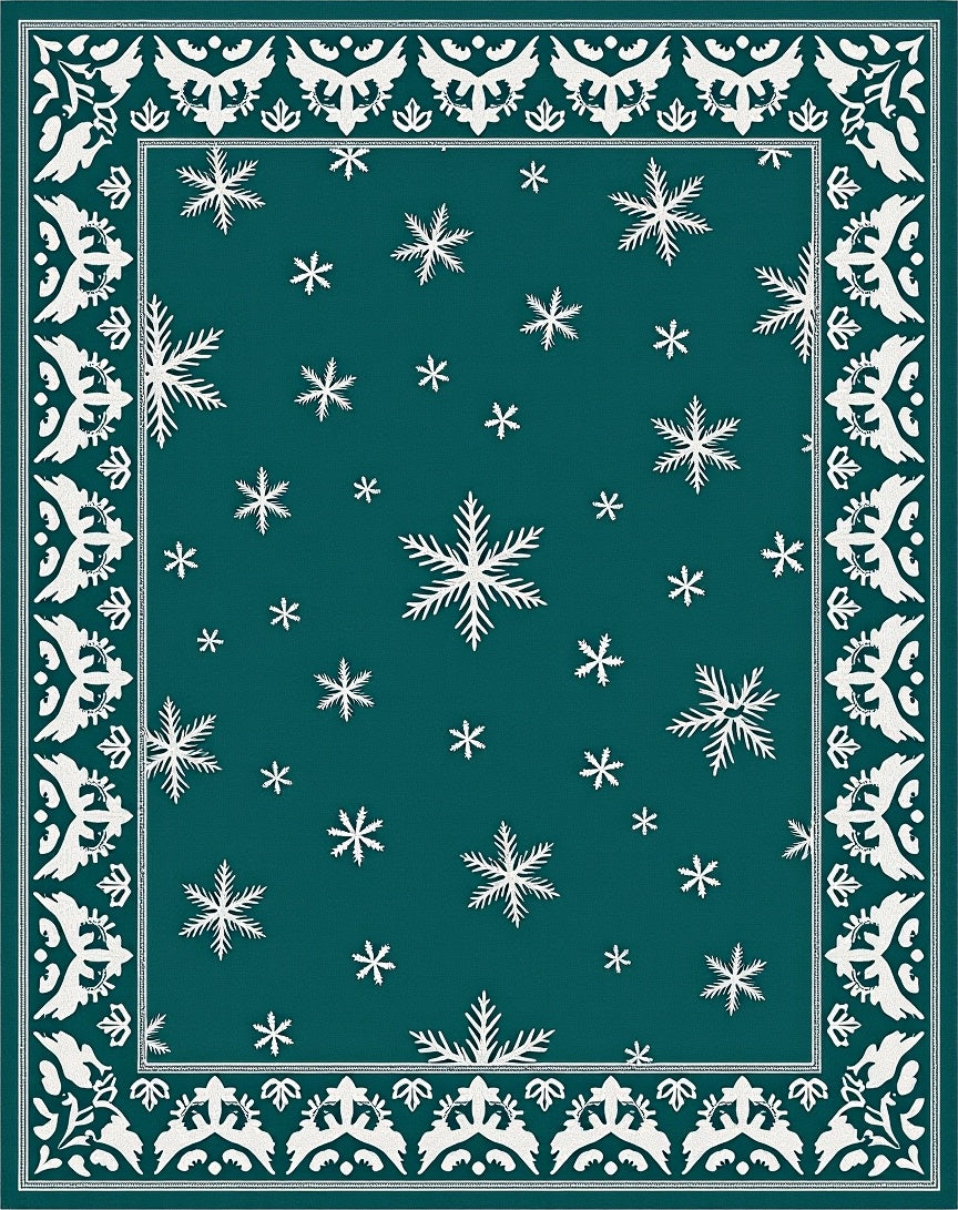 Teal White Snowflake Border Rug
