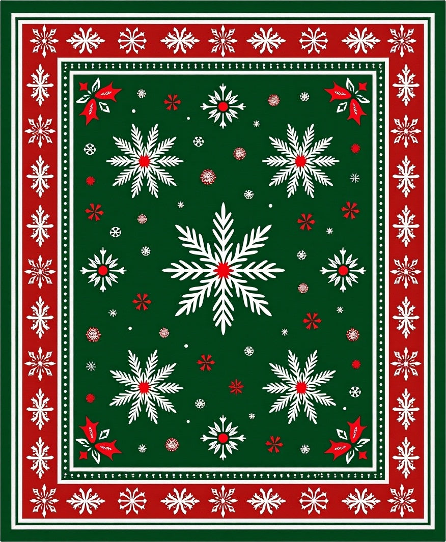 Festive Green White Red Snowflakes Border Rug