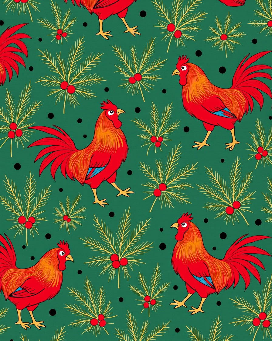 Crimson Roosters Festive Evergreen Branches Rug