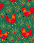Crimson Roosters Festive Evergreen Branches Rug