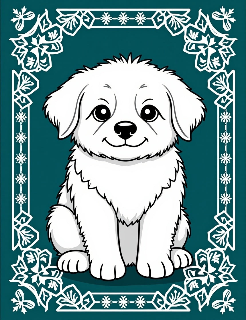 Charming White Puppy Floral Border Rug