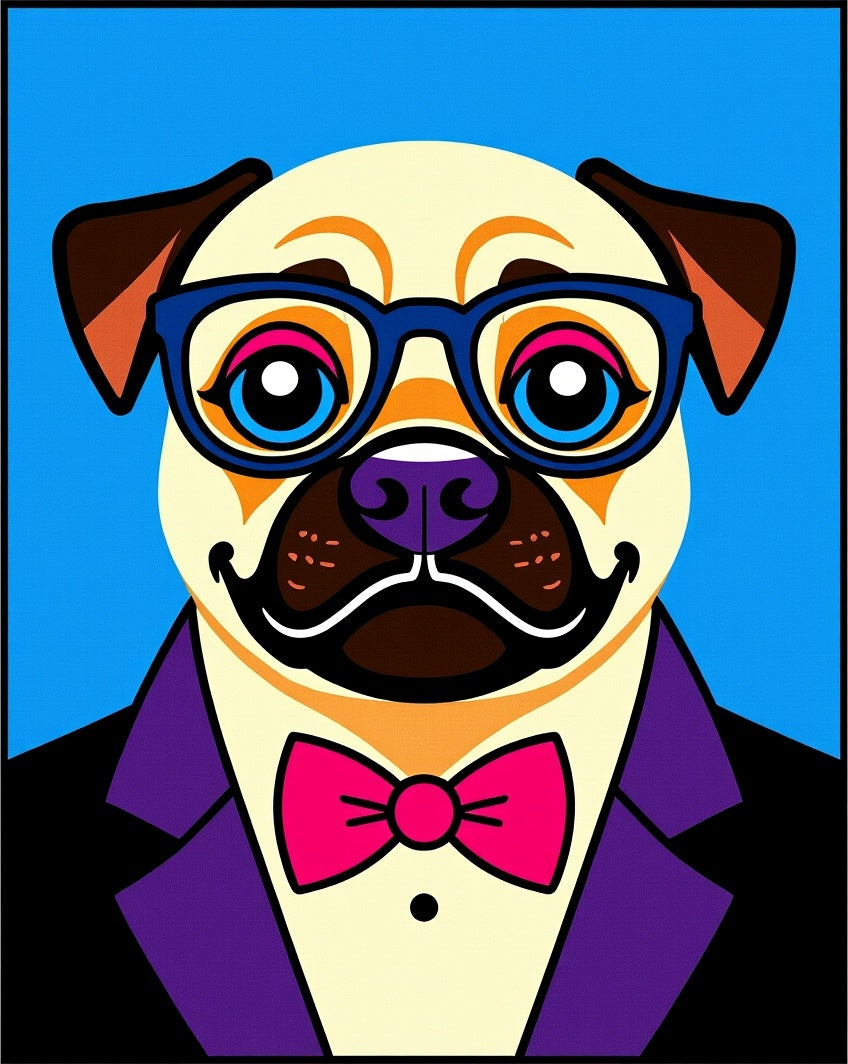 Dapper Pug Wearing Blue Glasses and Bowtie Rug