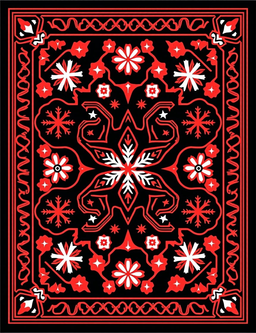 Bold Black Red Floral Starburst Medallion Rug